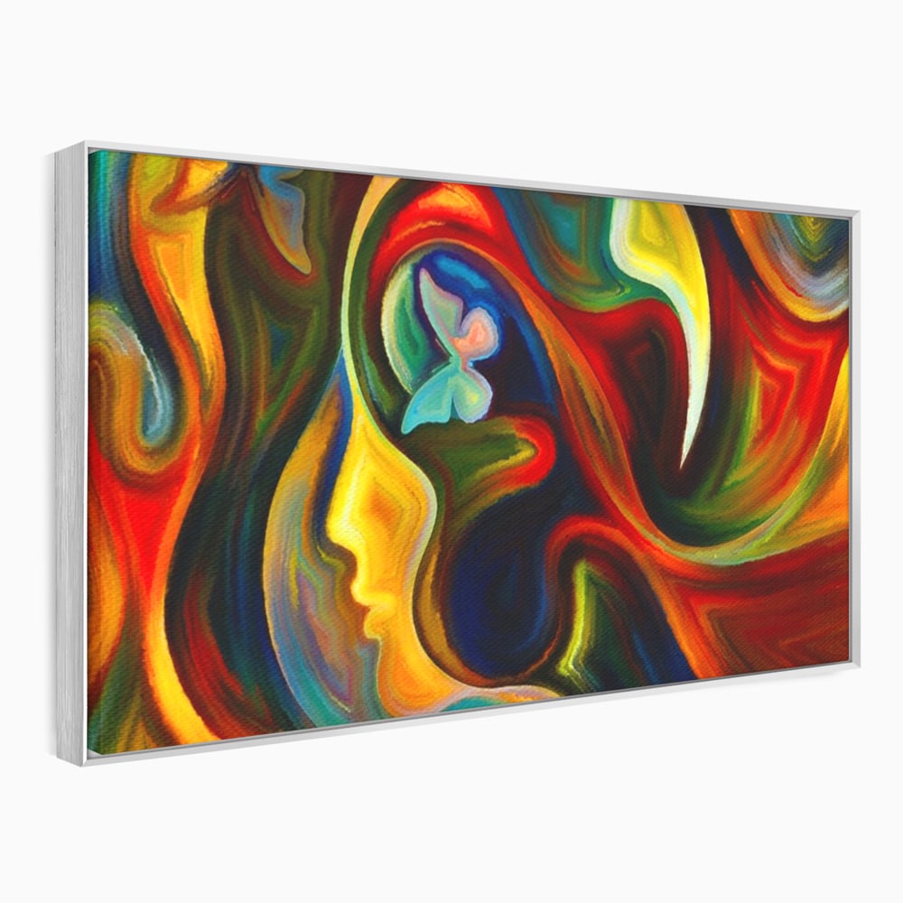Tablou canvas cu pictura abstracta cu profil uman si fluturi, in rama de aluminiu argintiu